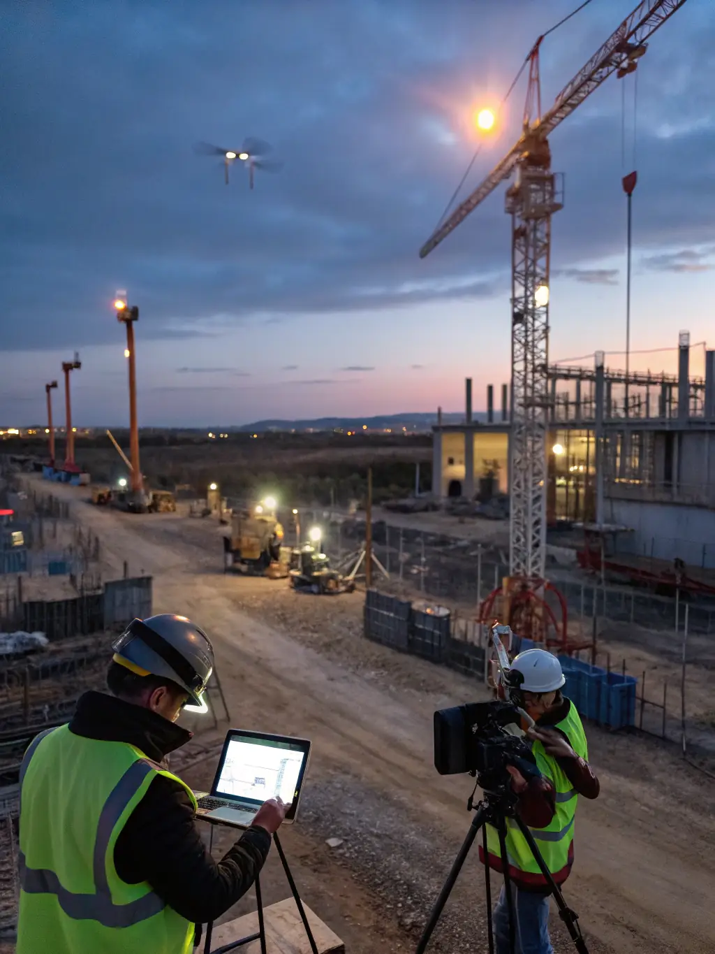 A professional photo of a modern construction site with cranes, workers in safety gear, and a partially built structure, representing new building projects for a construction company homepage.