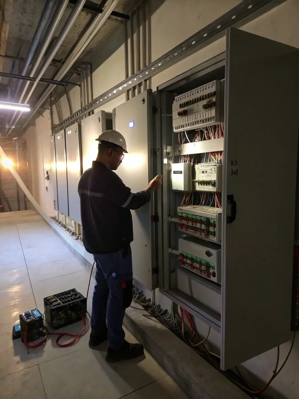 A detailed shot of a technician installing electrical wiring and plumbing pipes inside a building wall, with clear labeling and safety equipment visible.