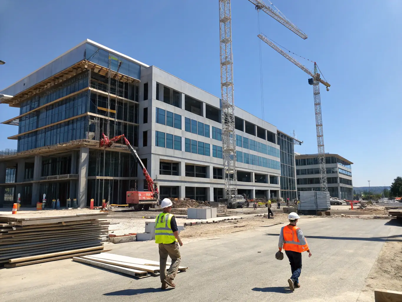 A high-resolution image of a newly constructed commercial building with cranes, scaffolding, and construction workers in safety gear, set against a clear blue sky, representing STRUCT's expertise in new building construction.