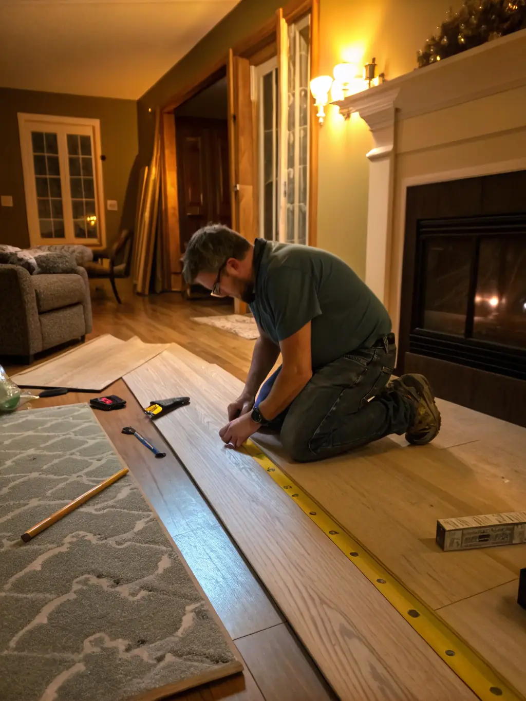 A close-up image of a craftsman installing hardwood flooring in a bright, finished interior space, with tools and materials neatly arranged, illustrating interior finishing services.