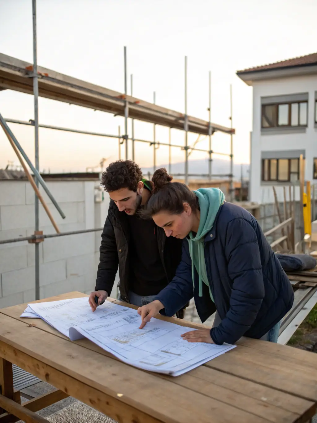 A professional image of an architect and client reviewing blueprints and material samples at a desk, with safety helmets and construction plans in the background.
